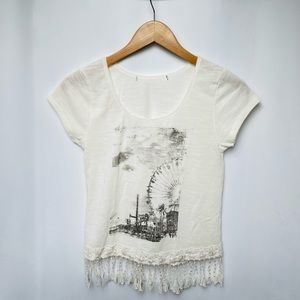 Graphic Tee with Lace Fringe